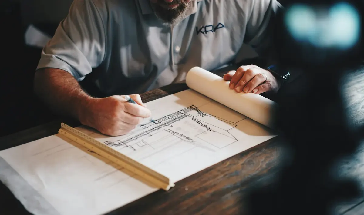Mãos de arquiteto desenhando planta com lápis e régua, etapa de projeto que antecede o alvará de construção em Goiânia