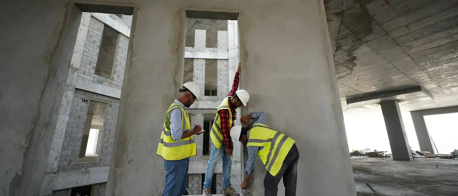 Três profissionais de capacete e colete medindo uma parede em prédio em obra, vistoria comum na consultoria de engenharia civil em Goiânia