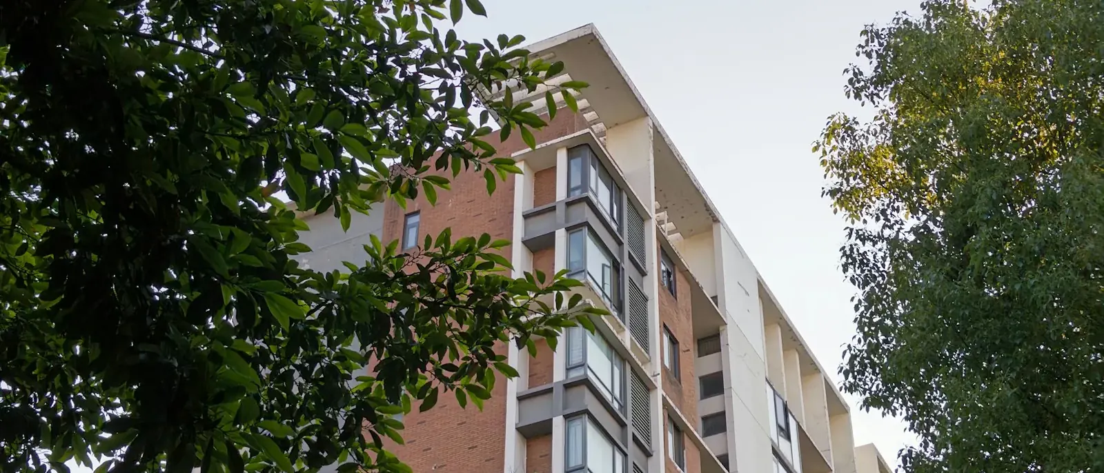 Prédio residencial de tijolo aparente e concreto visto entre árvores, tipo de edifício que passa por reforma de condomínio em Goiânia